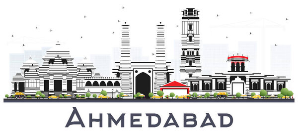 Ahmedabad India City Skyline with Color Buildings Isolated on White. Vector Illustration. Business Travel and Tourism Concept with Modern and Historic Architecture. Ahmedabad Cityscape with Landmarks.
