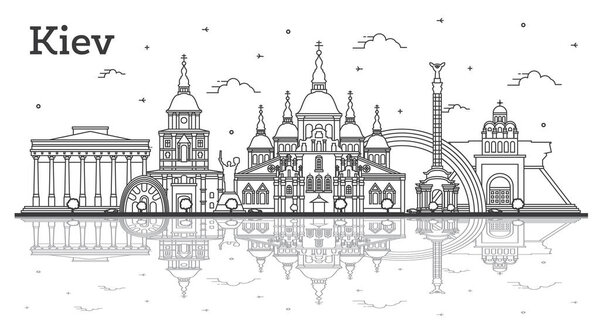 Outline Kiev Ukraine City Skyline with Historic Buildings and Reflections Isolated on White. Vector illustration. Kiev Cityscape with Landmarks.