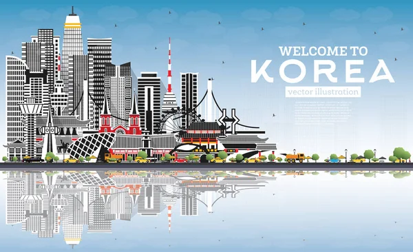欢迎来到韩国城市天际线与灰色建筑 蓝天和反思 病媒说明 具有历史建筑的旅游概念 具有地标的南韩城市景观 — 图库矢量图片