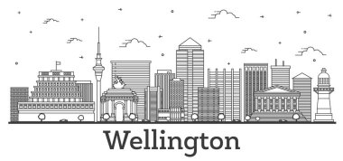 Wellington Yeni Zelanda City Skyline 'ın modern ve tarihi binaları beyaza izole edilmiştir. Vektör çizimi. Tarihi Simgeli Wellington Şehir Manzarası.