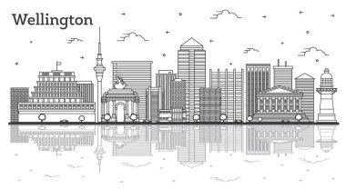 Wellington Yeni Zelanda Şehri Skyline 'ı Modern Binalar ve Beyaz Yansımalar ile özetleyin. Vektör çizimi. Tarihi Simgeli Wellington Şehir Manzarası.