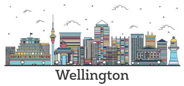 Wellington Yeni Zelanda City Skyline 'ın ana hatları. Renk Binaları beyaza izole edilmiş. Vektör çizimi. Tarihi Simgeli Wellington Şehir Manzarası.