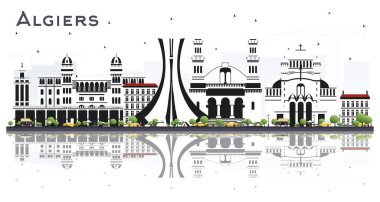 Cezayir Şehri Skyline ve Gri Binalar ve Beyaz 'a Yansımalar. Vektör İllüstrasyonu. Modern Mimariyle İş Seyahatleri ve Turizm Konsepti. Landmark 'lı Cezayir Şehri.
