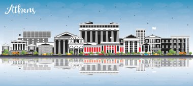 Atina City Skyline ile Renkli Binalar, Mavi Gökyüzü ve Yansımalar. Vektör İllüstrasyonu. Tarihi ve Modern Mimariyle İş Seyahat ve Turizm Konsepti. Tarihi Simgelerle Atina Şehir Manzarası.