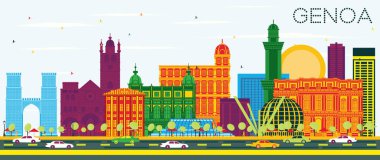 Renkli Binalar ve Mavi Gökyüzü ile Cenova İtalya City Skyline. Vektör İllüstrasyonu. Modern Mimariyle İş Seyahatleri ve Turizm Konsepti. Tarihi Simgeli Ceneviz Kenti.