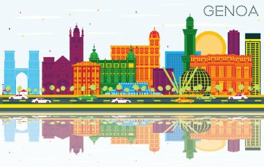 Renkli Binaları, Mavi Gökyüzü ve Yansımaları olan Cenova İtalya Şehri Skyline. Vektör İllüstrasyonu. Modern Mimariyle İş Seyahatleri ve Turizm Konsepti. Tarihi Simgeli Ceneviz Kenti.