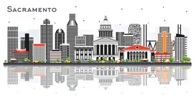 Sacramento California City Skyline 'da Gri Binalar ve Beyaz' a Yansımalar İzole Edildi. Vektör İllüstrasyonu. Modern Mimariyle Turizm Konsepti. Sacramento Tarihi Simgelerle ABD Şehri.