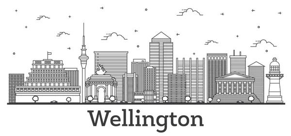 Esquema Wellington Ciudad Nueva Zelanda Skyline Con Edificios Modernos Históricos — Vector de stock