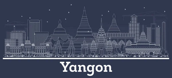 Esquema Yangon Myanmar City Skyline Con Edificios Blancos Ilustración Vectorial — Vector de stock