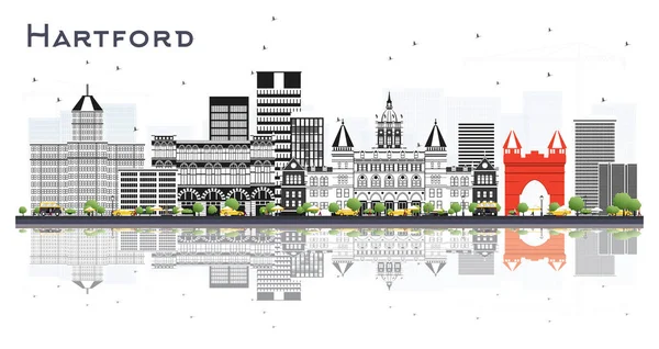 Hartford Connecticut City Skyline Con Edificios Grises Reflexiones Aisladas Blanco — Vector de stock