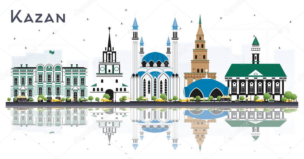 Kazan Russia City Skyline with Color Buildings and Reflections Isolated on White. Vector Illustration. Business Travel and Tourism Concept with Historic Architecture. Kazan Cityscape with Landmarks.