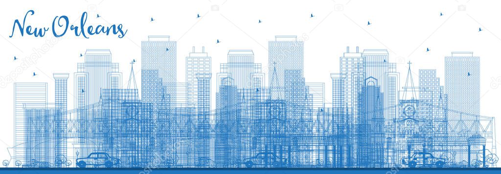 Outline New Orleans Louisiana City Skyline with Blue Buildings. Vector Illustration. Business Travel and Tourism Concept with Modern Architecture. New Orleans USA Cityscape with Landmarks.