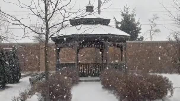 在冬季暴风雪中的木制凉亭 — 图库视频影像