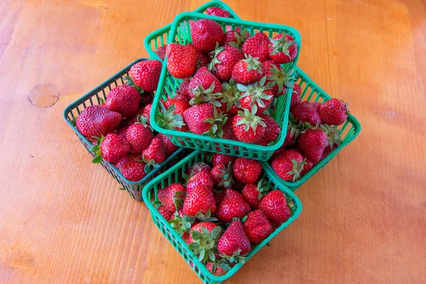 Morango cedo em pacotes de plástico verde — Fotografia de Stock