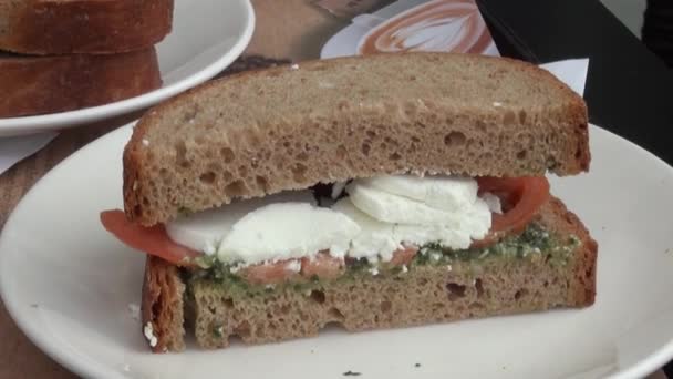 Сендвіч з козячим сиром, помідорами, цибулею, оливковою олією та спеціями — стокове відео