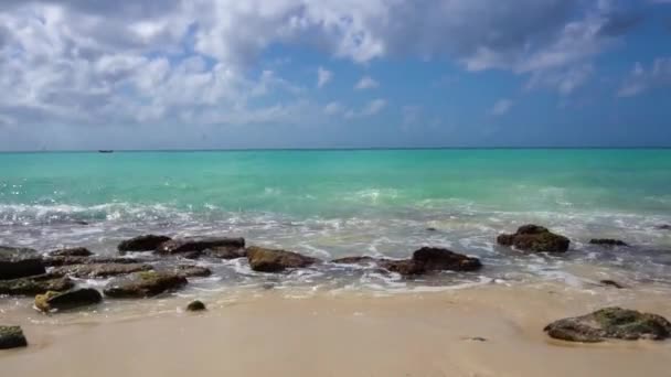 Ondas Colidem Grandes Pedras Que Jazem Costa Arenosa Mar Caribe — Vídeo de Stock