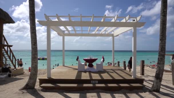 Served Table Prepared Newlyweds Wooden Deck White Pergola — Stock Video