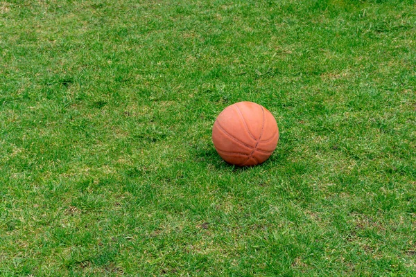 Red Ball Lonely Lies Green Grass Waiting Players Stock Photo