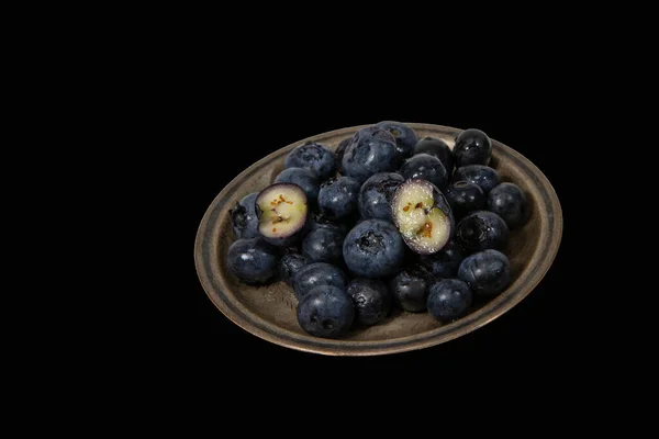 Blueberries Laid Neatly Small Silver Plate Shot Black Background — Stock Photo, Image