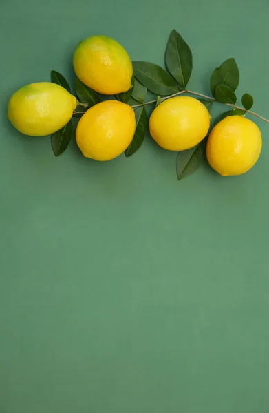 Saftiga Citroner Gren Med Blad Grön Bakgrund Ekologiska Frukter För — Stockfoto