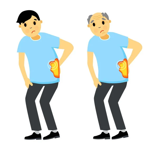 Set man and grandfather with back pain. Chondrosis. Backache. Vector illustration in cartoon style. — Stock vektor
