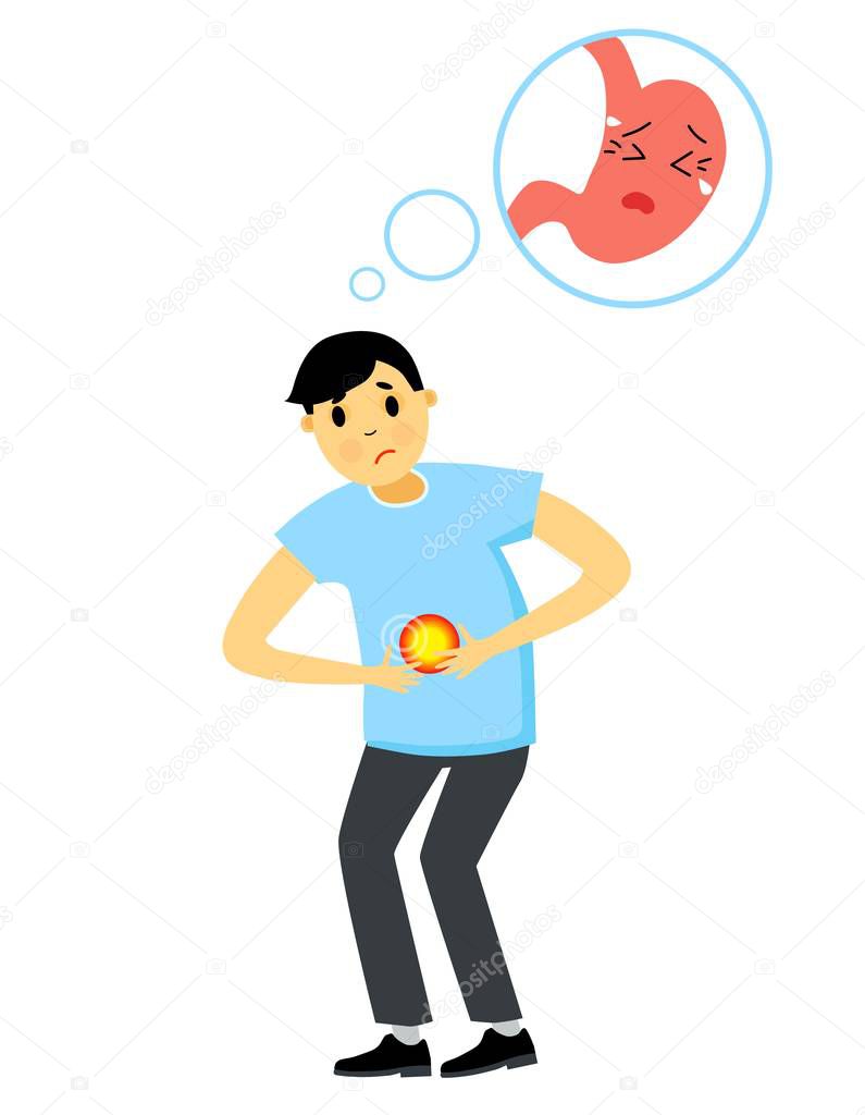 The man was bent from abdominal pain. Gastritis pain attack. Stomach disease. Vector illustration in cartoon style.