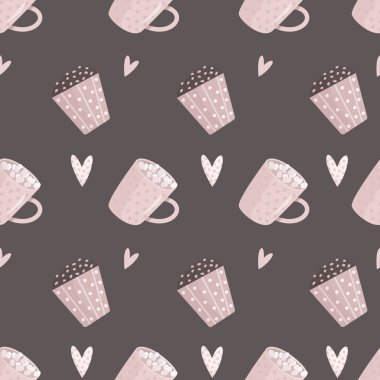 Gri arkaplanda Sevgililer Günü için kusursuz pembe nesneler var. Kakaolu ve şekerli bardaklar ve çikolatalı kekler..