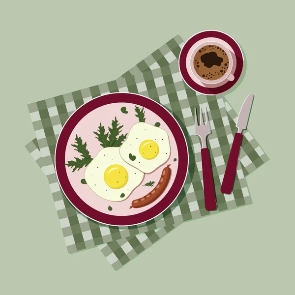 Huevos Fritos Con Salchicha Rúcula Plato Color Burdeos Con Una — Vector de stock