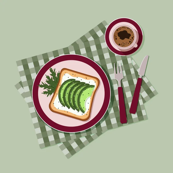 Toast Cream Cheese Avocado Burgundy Plate Cup Coffee Green Checkered — Stock Vector