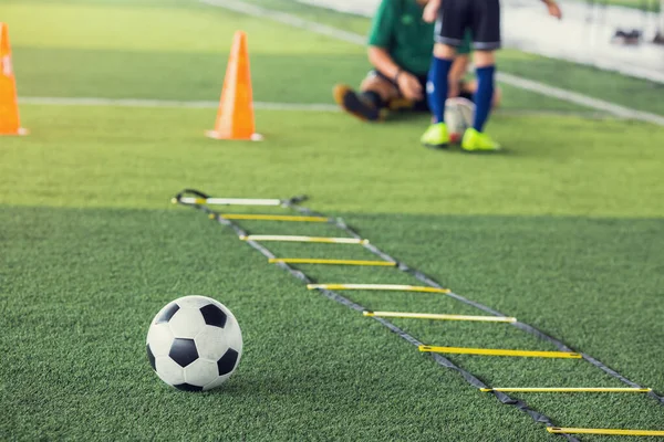 Pallone da calcio e scala trapani su tappeto erboso artificiale verde con sfocatura — Foto Stock