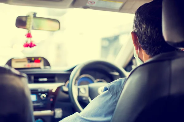 Selective Focus Taxi Drivers Wear Masks Protect Corona Virus Dust — Stok fotoğraf