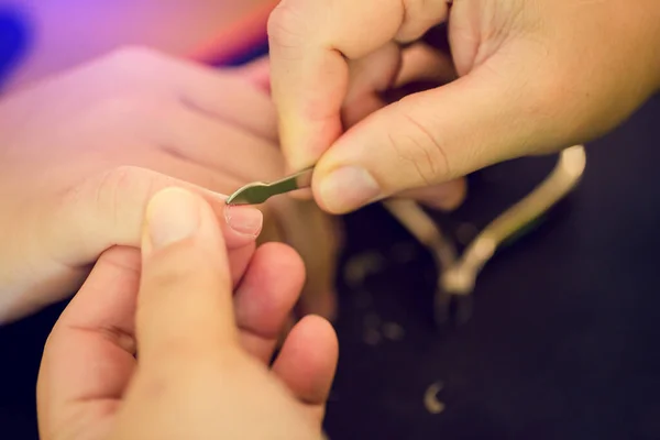 Selective Focus Mother Hands Using White Nail File Son Mother — Stock Photo, Image