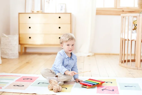 Cute Boy Playing Colorful Xylophone Musical Instrument Educational Toys Young — Stock Photo, Image