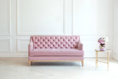 Modern minimalist oturma odası içinde pembe bir kanepe ve beyaz duvarda bir vazo çiçek olan bir masa. Geniş klasik oturma odasında kadife bir kanepe var. Rahatlık konsepti