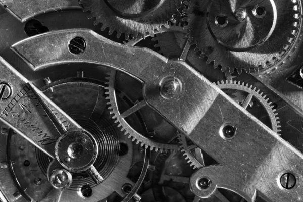 Old Clock Watch Mechanism with gears - close-up, black and white — Stock Photo, Image