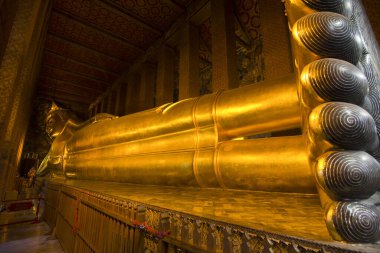 Buda 'nın altın heykeline yaslanarak. Wat Pho - Bangkok, Tayland