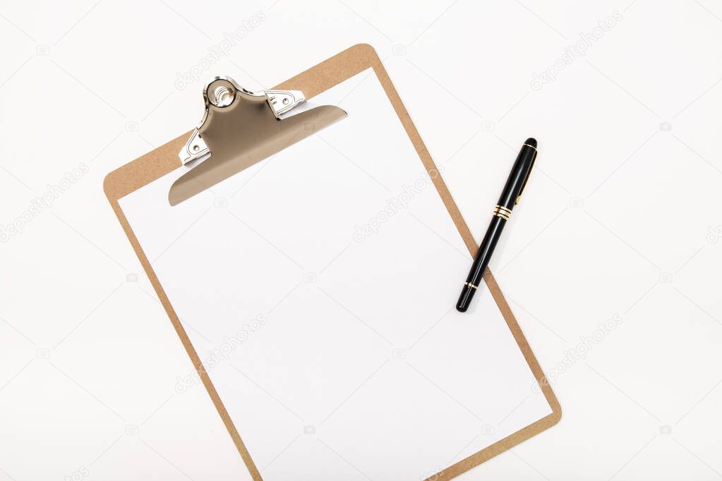 Blank clipboard mock up and pen isolated on white background. White notepad