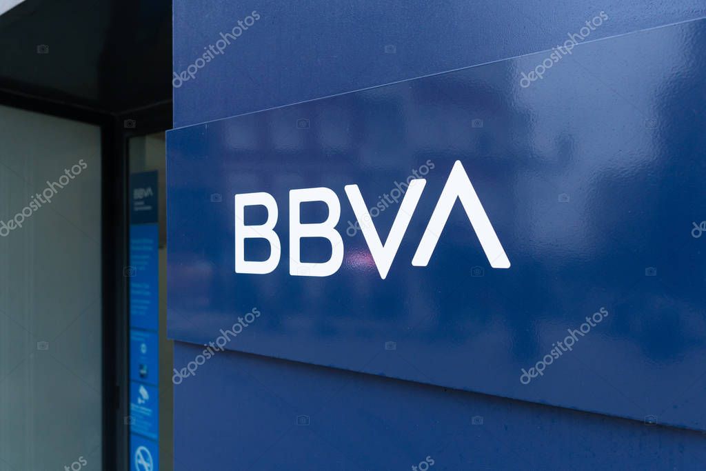 Galicia, Spain; January 02, 2020: Close up of new BBVA logo on BBVA bank office