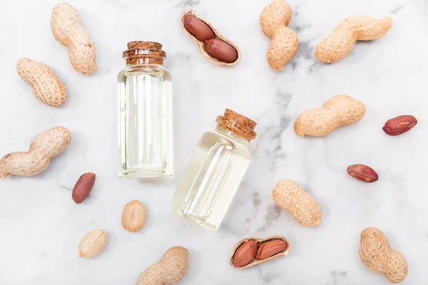 Peanut Oil Glass Bottle Marble Table Top View — Stock Photo, Image