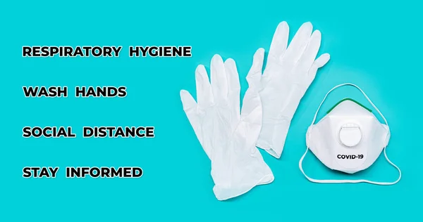 防毒面具和防护手套 并附有防止大肠病毒或Covid 19流行病的规则 — 图库照片