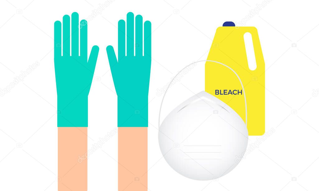 Coronavirus or Covid-19 epidemic concept. Safety mask, gloves and bleach vector illustration