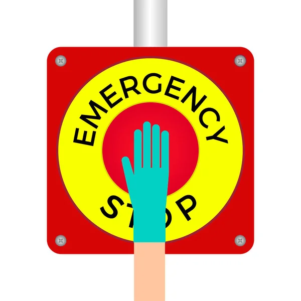 Parada Emergência Botão Vector Ilustração Mão Com Luva Proteção Empurrando — Vetor de Stock