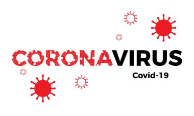 Coronavirus Covid-19 afişi ve metin ve virüs ikonu. Vektör illüstrasyonu