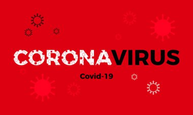 Coronavirus Covid-19 afişi ve metin ve virüs ikonu. Vektör illüstrasyonu