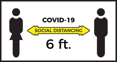 Coronavirus COVID-19 virüs sosyal mesafeleme konsepti. Birbirinizden iki metre uzakta durun. Düz simge vektör illüstrasyonu