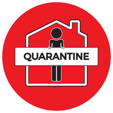 Karantina konsepti Coronavirus COVID-19 salgını. Ev simgesi ve metin vektörü illüstrasyonu