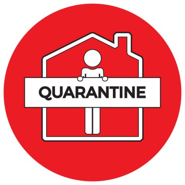 Karantina konsepti Coronavirus COVID-19 salgını. Ev simgesi ve metin vektörü illüstrasyonu