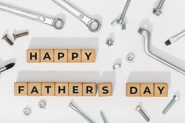 Happy Fathers Day Block Med Verktyg Vit Bakgrund Firande Händelse — Stockfoto