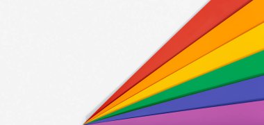 Fotokopi alanı olan gökkuşağı bayrağı arkaplanı. Gay gurur bayrağı ya da LGBTQ gurur bayrağı. Beyaz arkaplanda renkli bir karton grubunun fotoğrafı