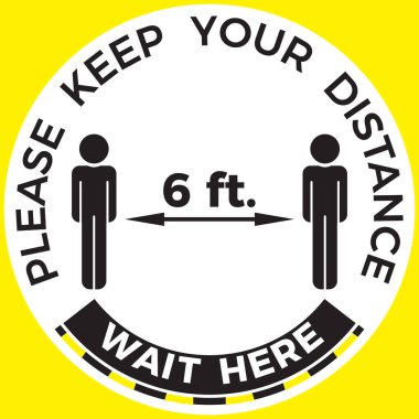 Coronavirus COVID-19 virüs sosyal mesafeleme konsepti. Burada bekle ve iki metre mesafede kal. Düz simge vektör illüstrasyonu